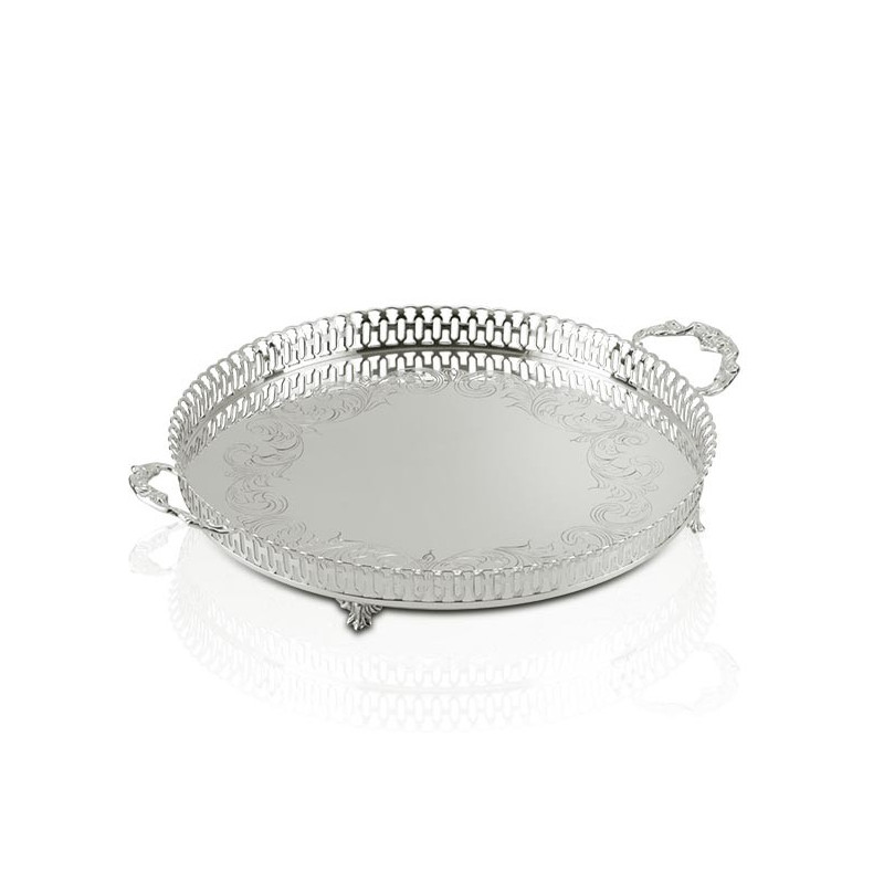 Bandeja Red. Gravada c/ Grade Alças e Pés Prata Apolo Ø60cm