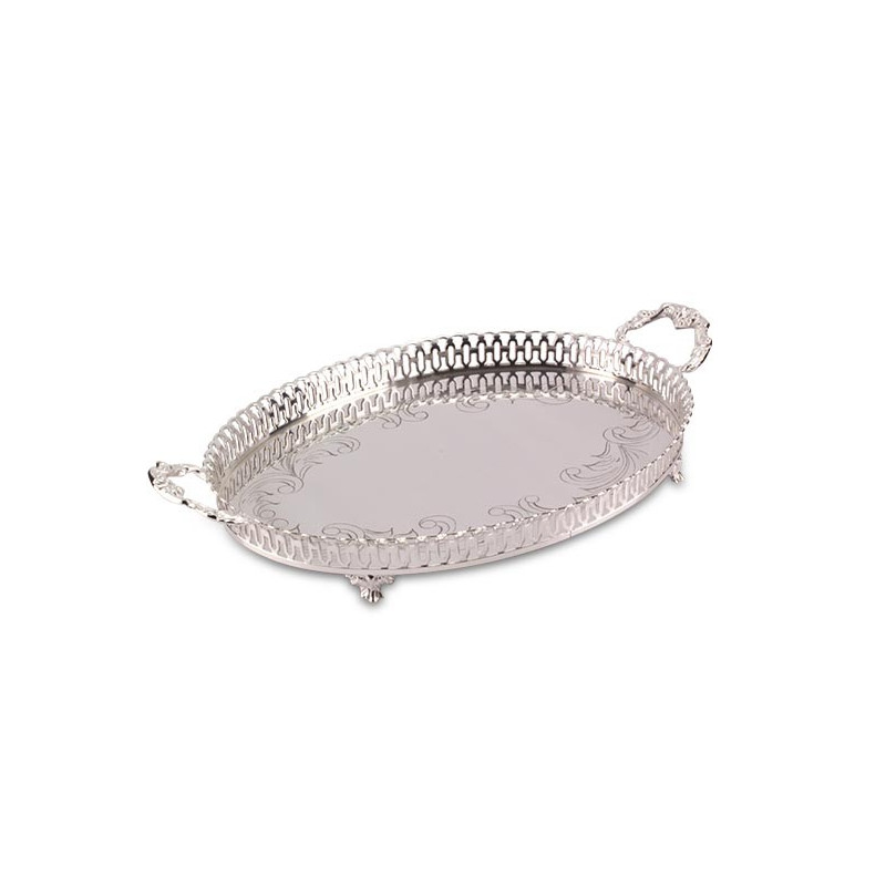 Bandeja Oval Gravada c/ Grade Alças e Pés Prata Apolo 40x30cm