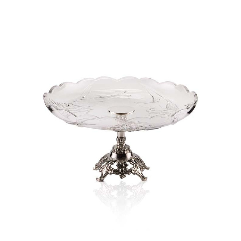 Prato Cristal Redondo c/ Base Trabalhada Prata Apolo Ø30x18cm